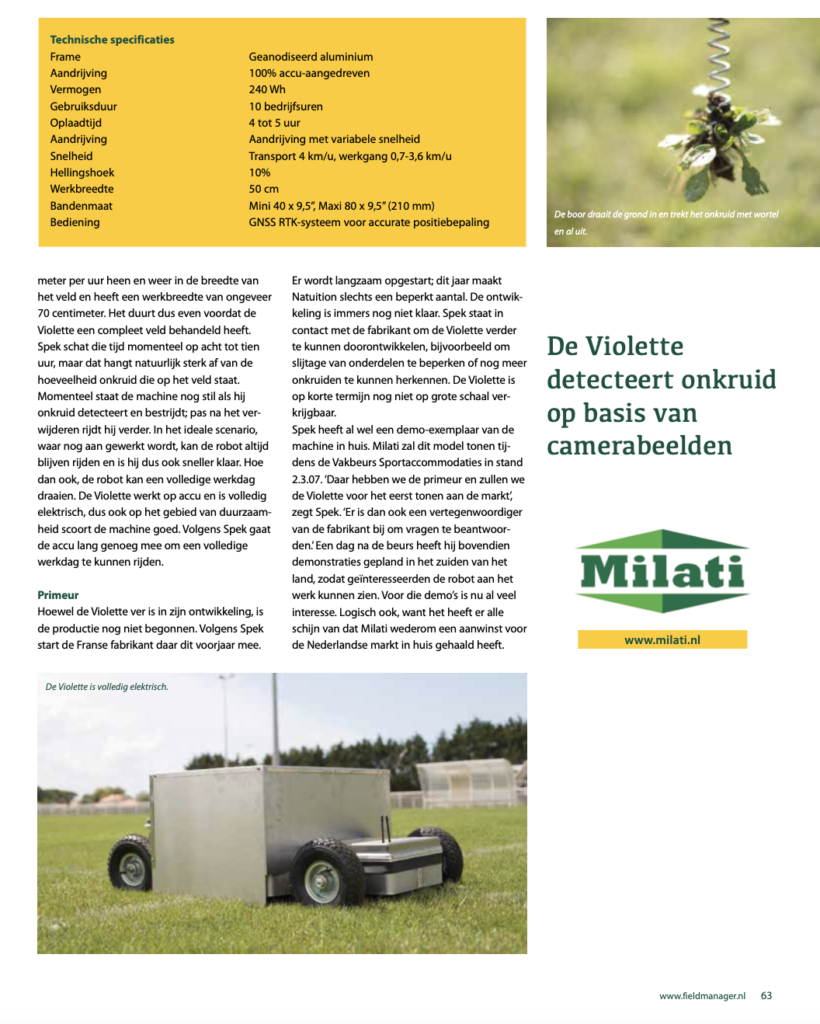 Artikel Fieldmanager over de Violette van Milati Grass Machines